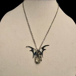 Unisex Mystical blue dragon with crystal ball pendant necklace